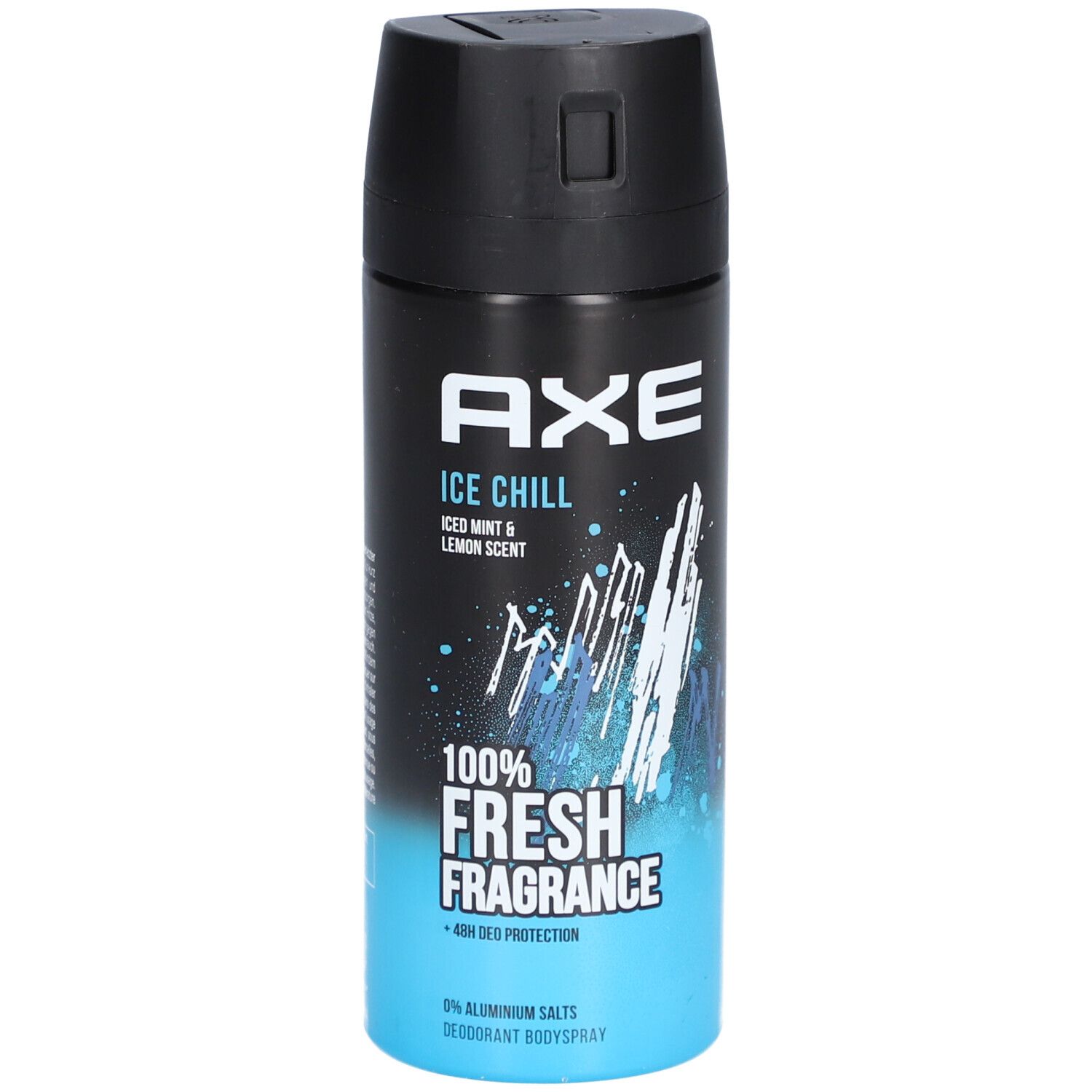 AXE Ice Chill déodorant en spray. Bouchon noir, contenant bleu et noir. Inscription: Ice Chill, 100% Fresh Fragrance.