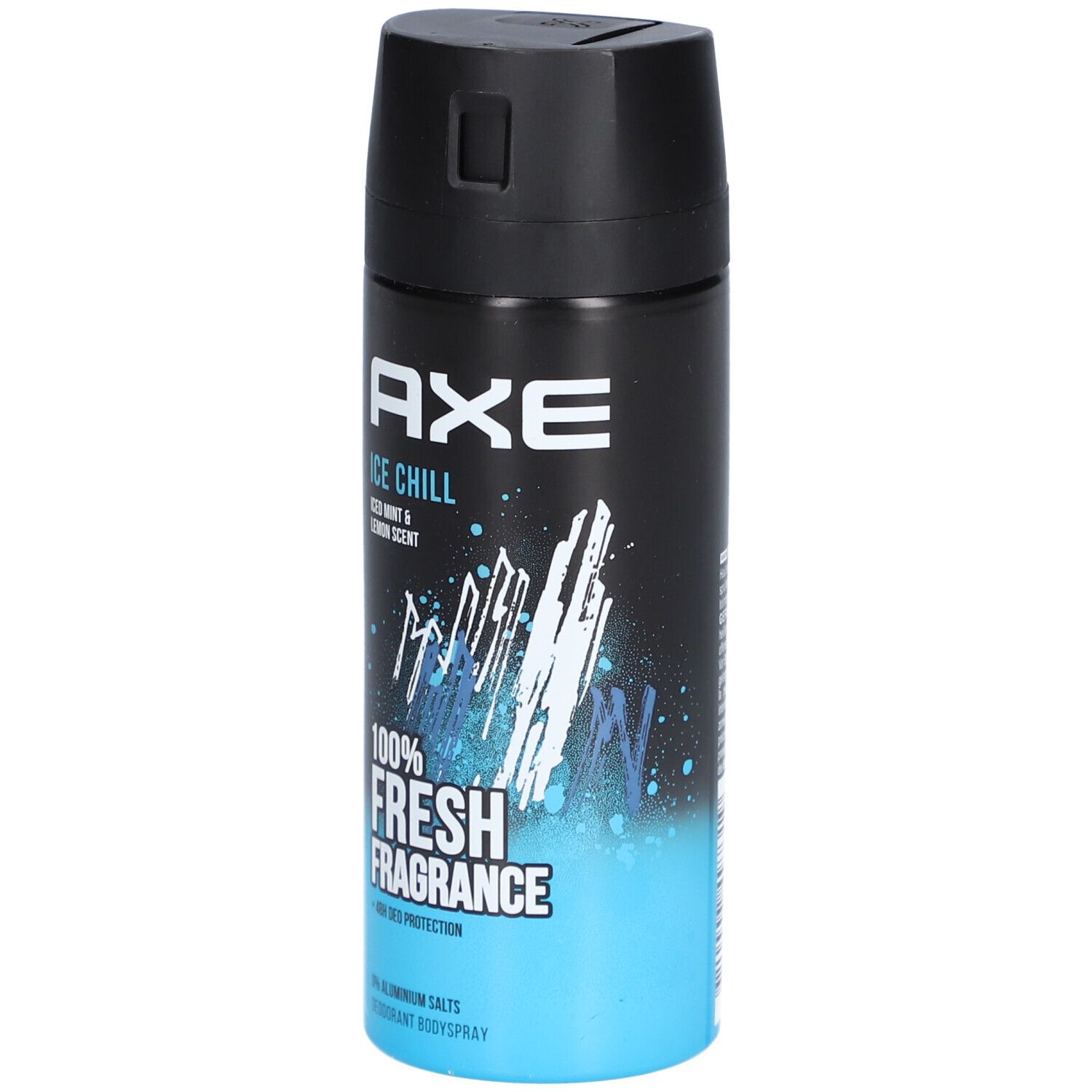 AXE Ice Chill déodorant en spray. Bouchon noir, contenant bleu et noir. Inscription: Ice Chill, 100% Fresh Fragrance.