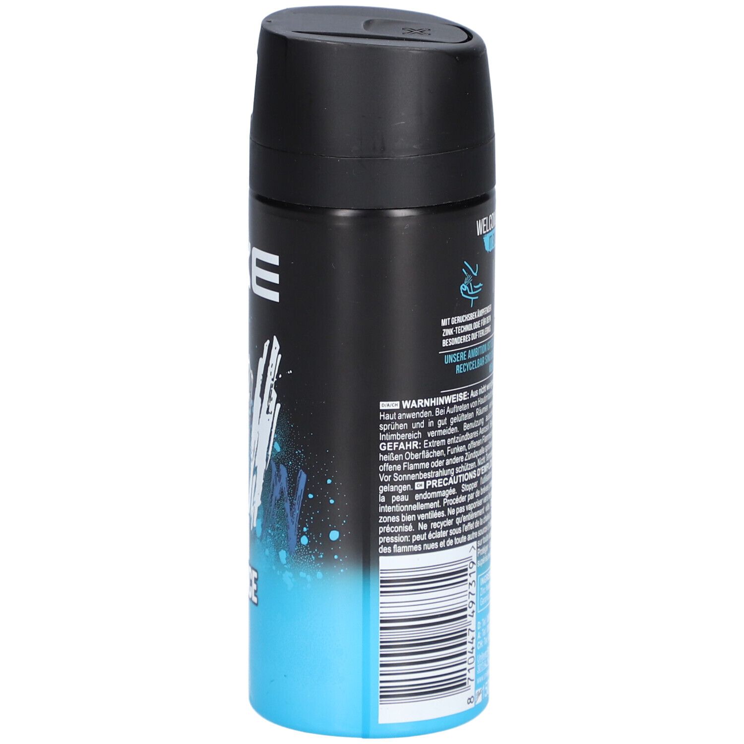 AXE Ice Chill déodorant en spray. Dos avec texte et pictogrammes. Bouchon noir, contenant bleu et noir.