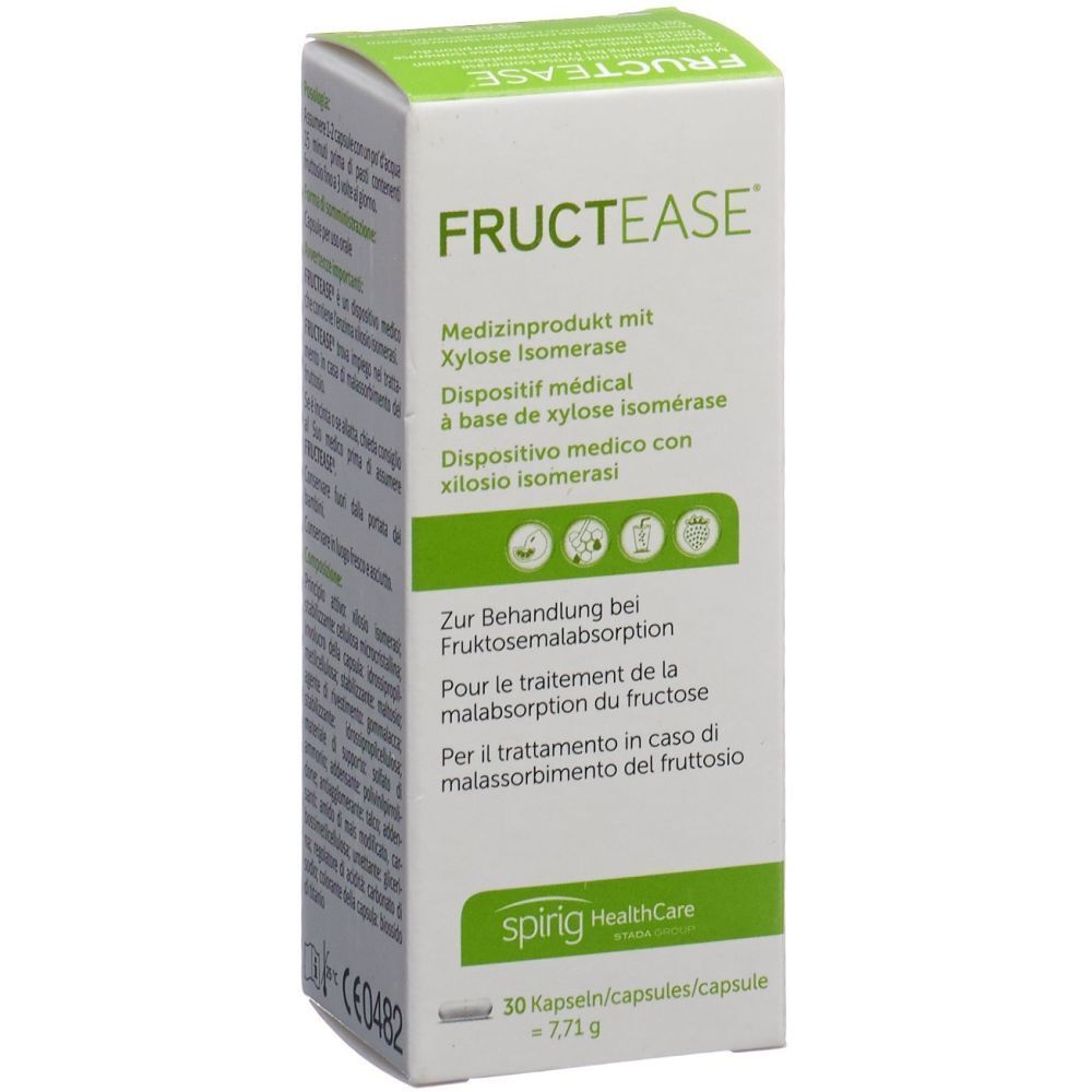 Boîte FRUCTEASE®. Texte: Produit médical, isomérase de xylose, pour le traitement de la malabsorption du fructose. Design vert et blanc.