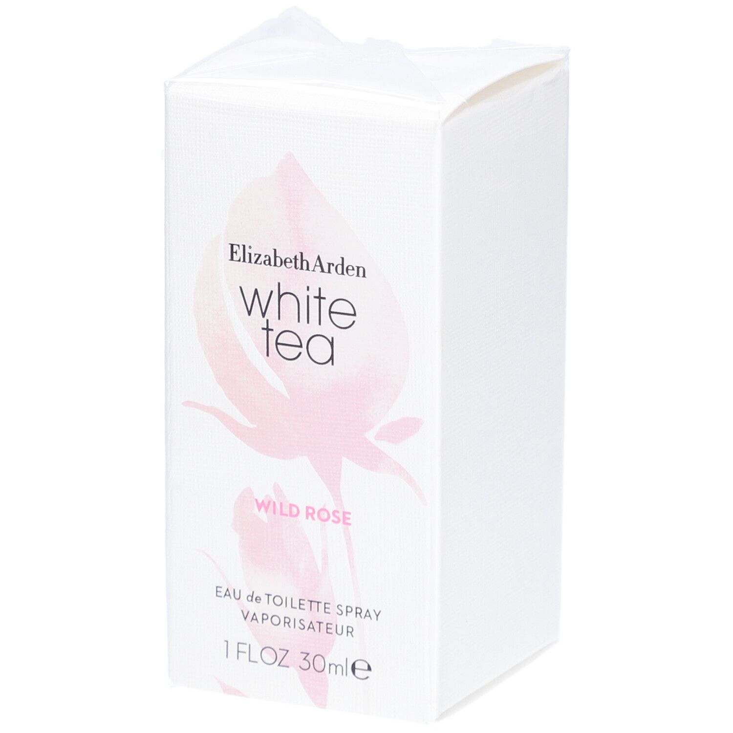 Boîte blanche rectangulaire. Inscription: Elizabeth Arden White Tea Wild Rose. 1 FL.OZ. 30ml.