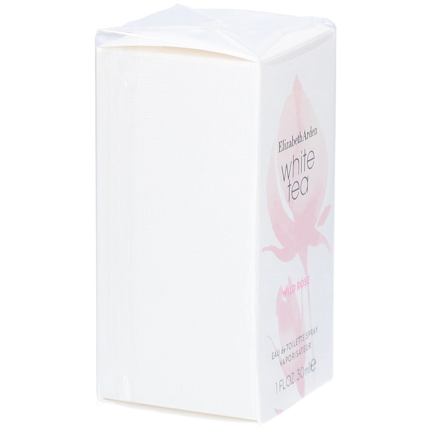 Boîte blanche rectangulaire. Inscription: Elizabeth Arden White Tea Wild Rose. 1 FL.OZ. 30ml.