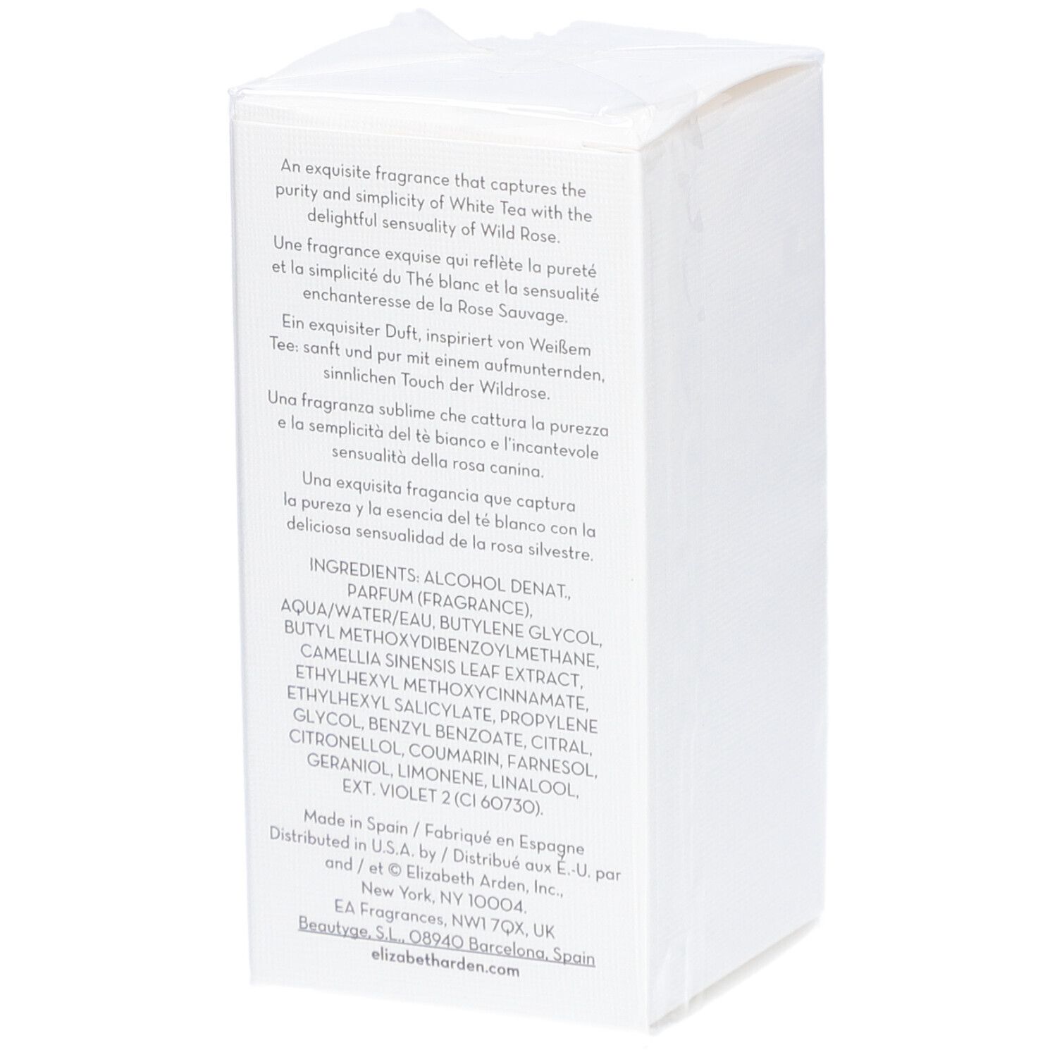Dos d'une boîte blanche. Texte: ingrédients, informations fabricant, Elizabeth Arden.