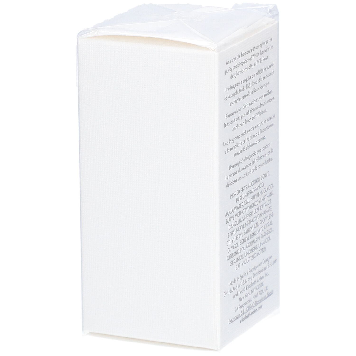 Dos d'une boîte blanche. Texte: ingrédients, informations fabricant, Elizabeth Arden.