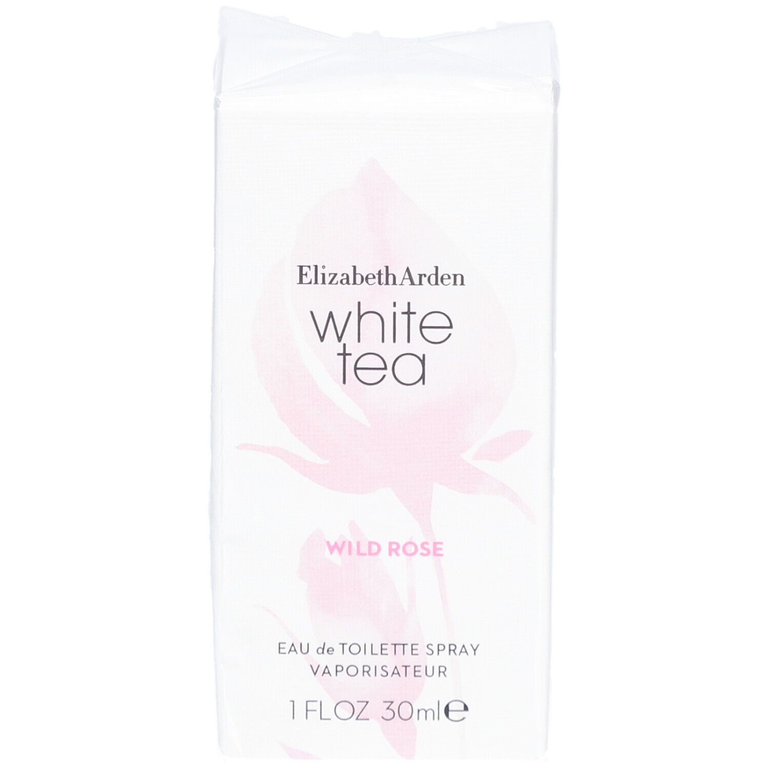 Boîte blanche rectangulaire. Inscription: Elizabeth Arden White Tea Wild Rose. 1 FL.OZ. 30ml.