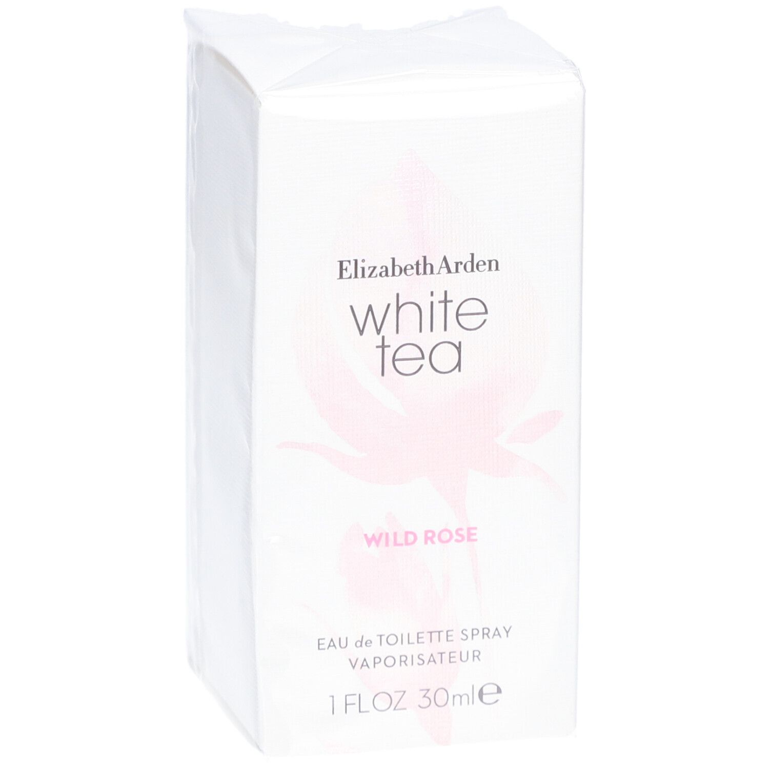Boîte blanche rectangulaire. Inscription: Elizabeth Arden White Tea Wild Rose. 1 FL.OZ. 30ml.