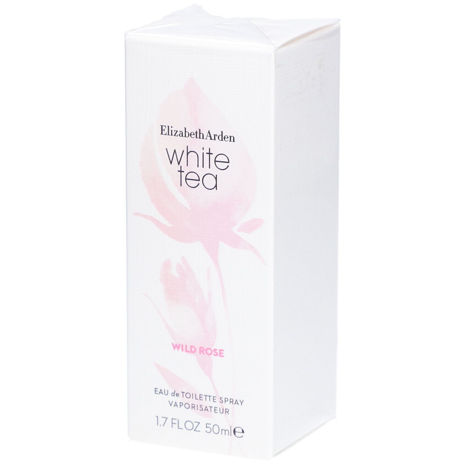 Elizabeth Arden White Tea Wild Rose Eau de Toilette Spray. Boîte blanche avec design floral et nom du produit.
