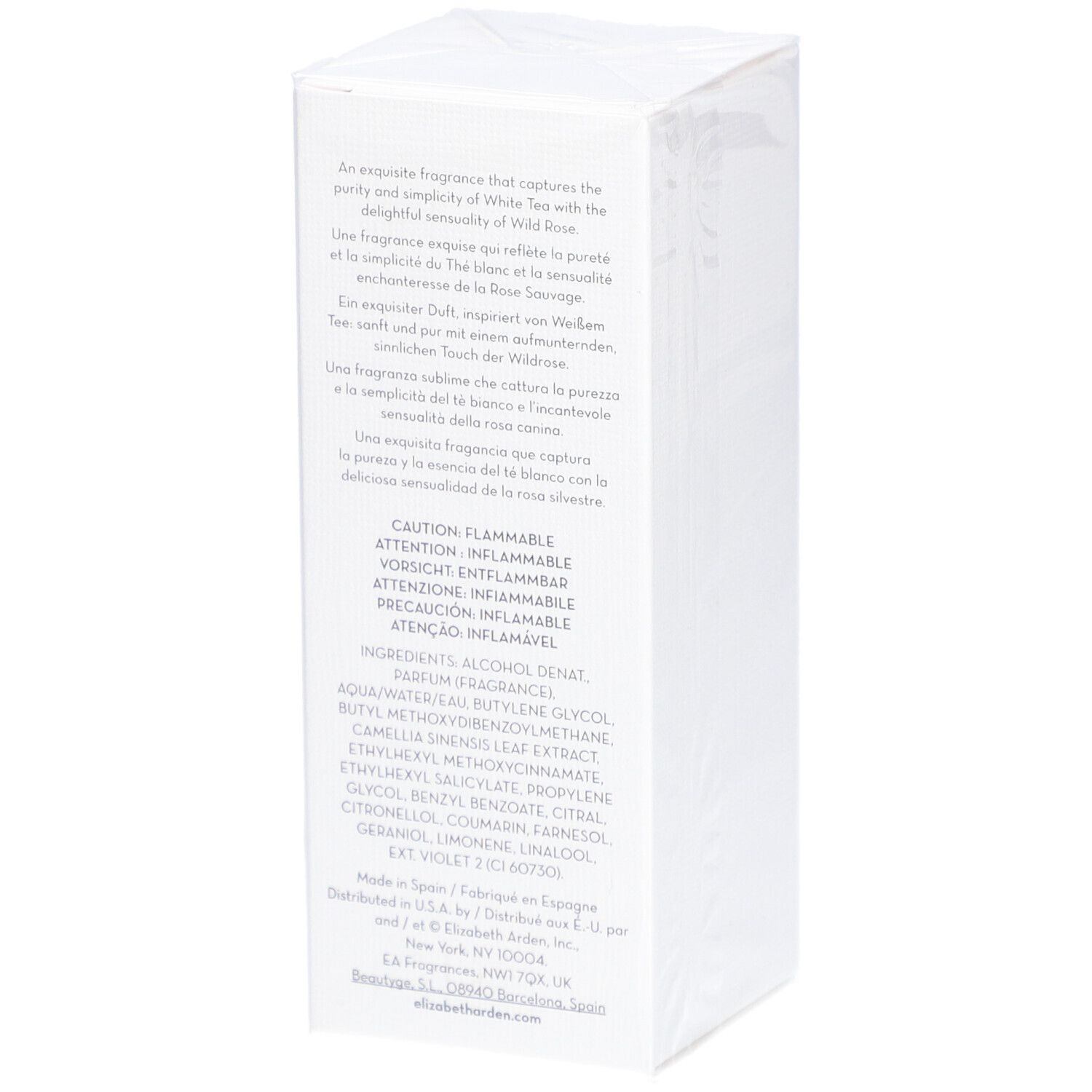Elizabeth Arden White Tea Wild Rose Eau de Toilette Spray. Emballage avec texte, ingrédients et avertissements.
