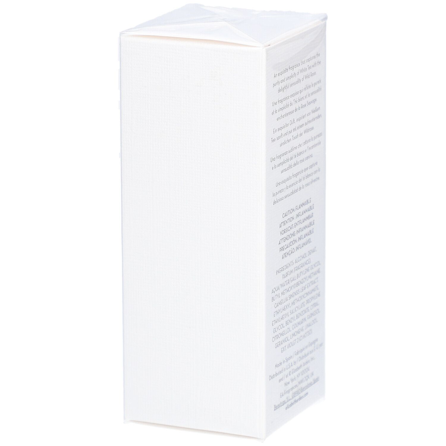 Elizabeth Arden White Tea Wild Rose Eau de Toilette Spray. Emballage, vue latérale avec texte.