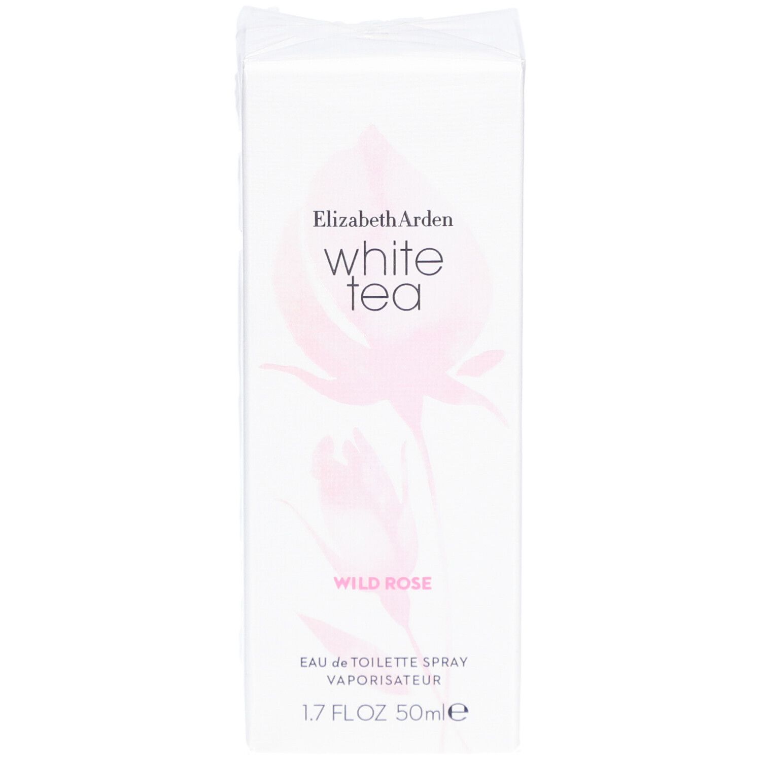 Elizabeth Arden White Tea Wild Rose Eau de Toilette Spray. Boîte blanche avec design floral et nom du produit.