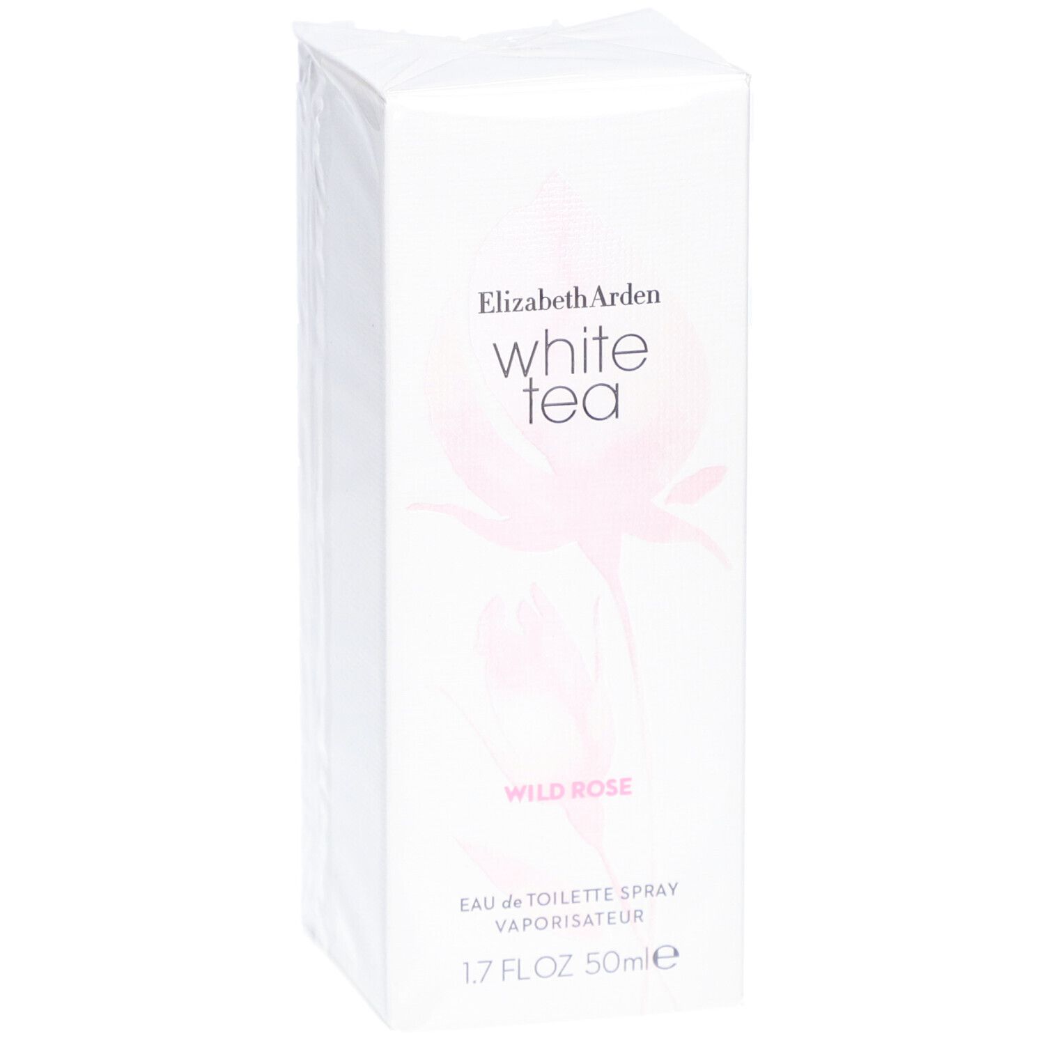 Elizabeth Arden White Tea Wild Rose Eau de Toilette Spray. Boîte blanche avec design floral et nom du produit.