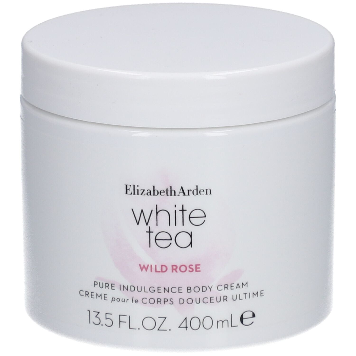 Pot blanc avec couvercle. Inscription: Elizabeth Arden White Tea Wild Rose Pure Indulgence Body Cream. 13.5 FL.OZ. 400ml.