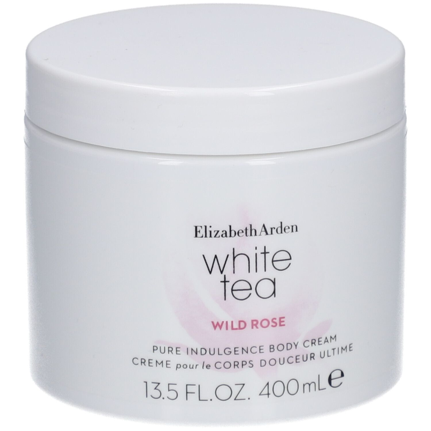 Pot blanc avec couvercle. Inscription: Elizabeth Arden White Tea Wild Rose Pure Indulgence Body Cream. 13.5 FL.OZ. 400ml.