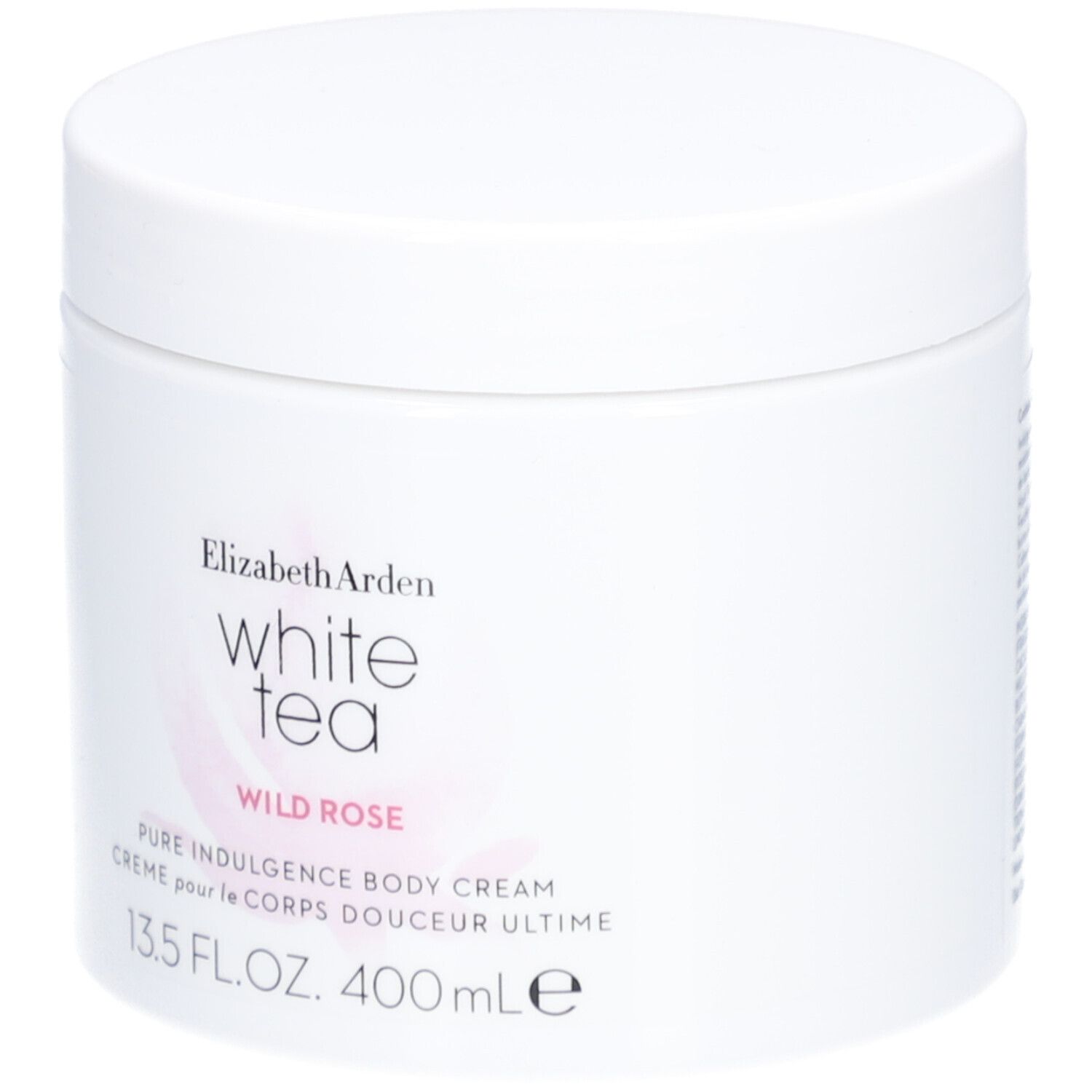 Pot blanc avec couvercle. Inscription: Elizabeth Arden White Tea Wild Rose Pure Indulgence Body Cream. 13.5 FL.OZ. 400ml.