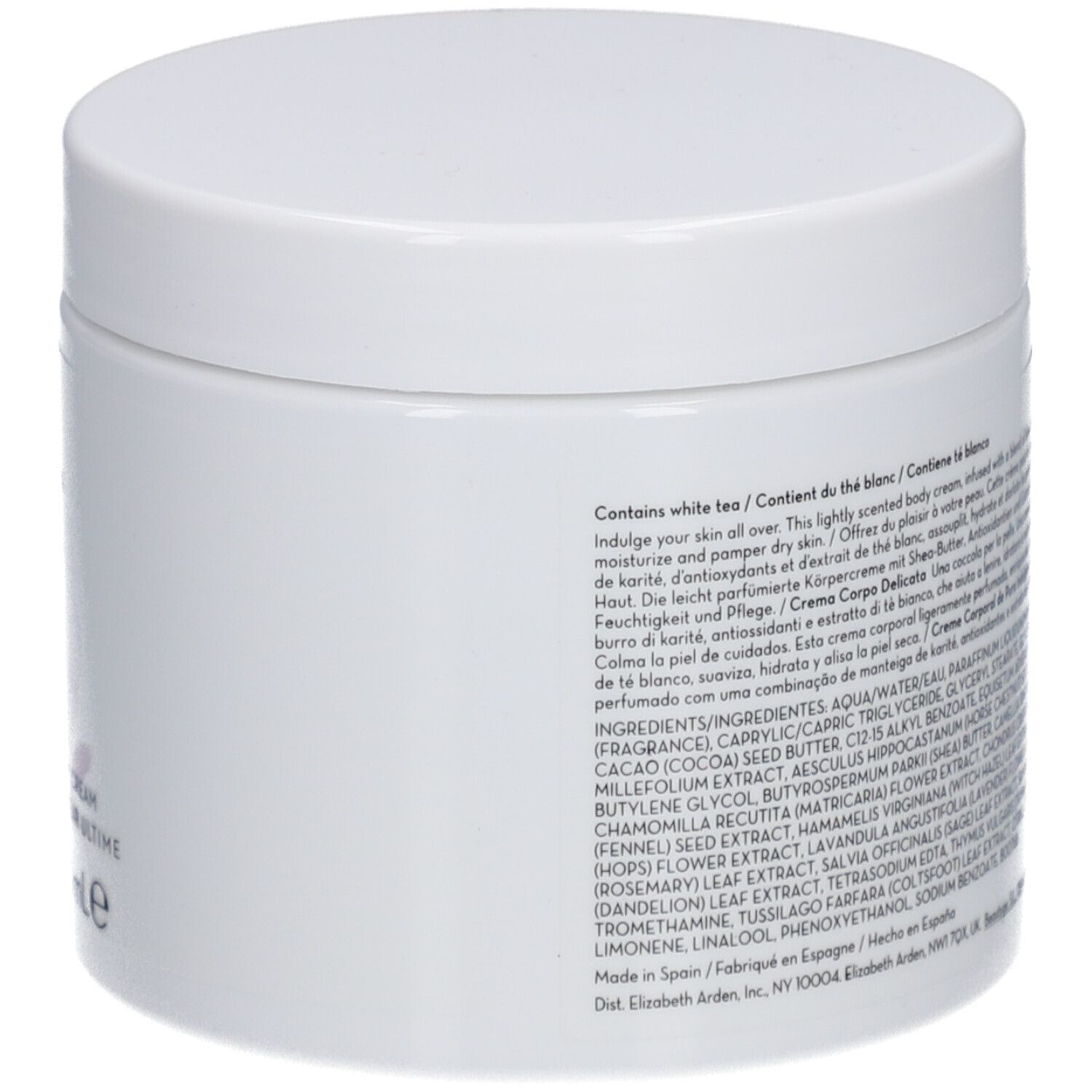 Pot blanc, dos avec texte. Contient du thé blanc. Ingrédients et description du produit.