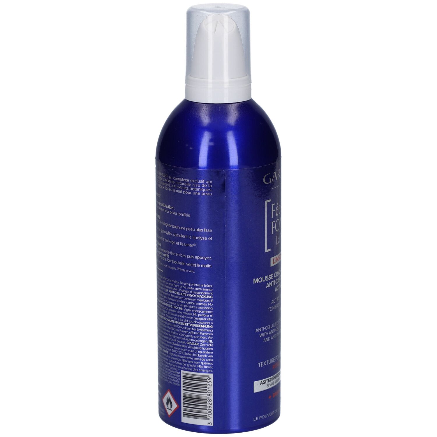 Flacon bleu, vue latérale. Informations textuelles sur l'étiquette. Avertissement et autres informations sur le produit.