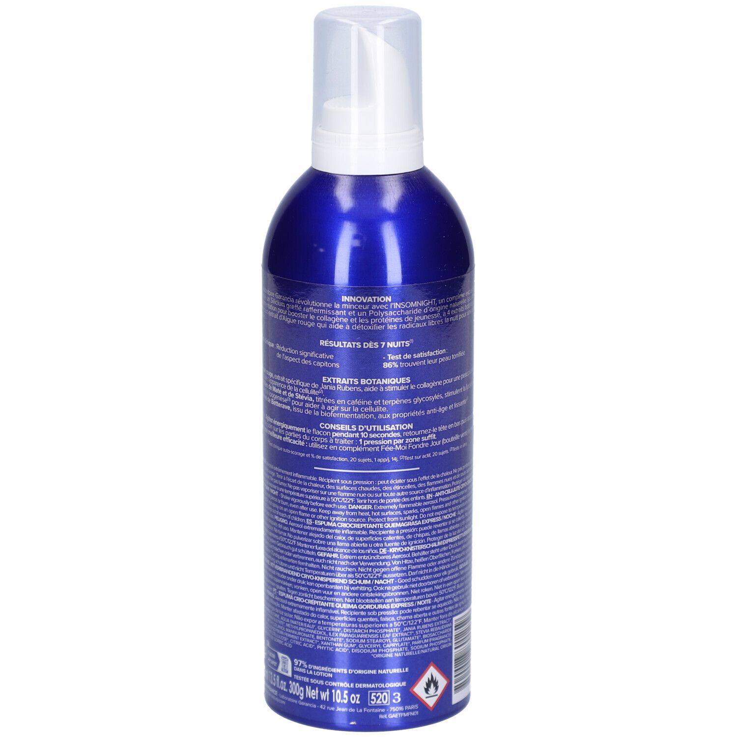 Flacon bleu, vue arrière. Informations textuelles sur l'étiquette. Description du produit et ingrédients.