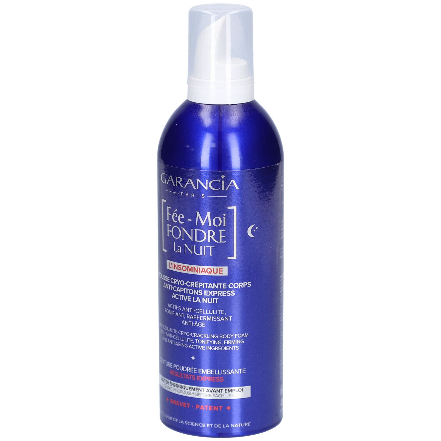 Flacon bleu avec pompe blanche. Inscription: GARANCIA, Fée-Moi Fondre La Nuit L'Insomniaque. Nom et description du produit.