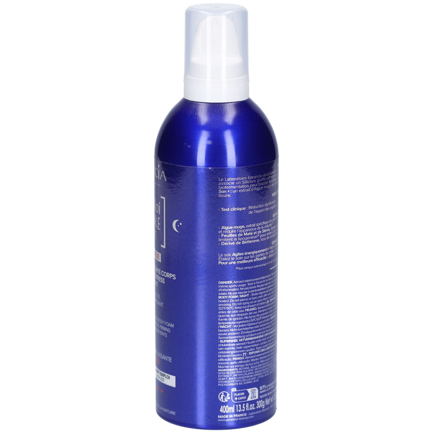 Flacon bleu, vue arrière. Informations textuelles sur l'étiquette. Description du produit et ingrédients.