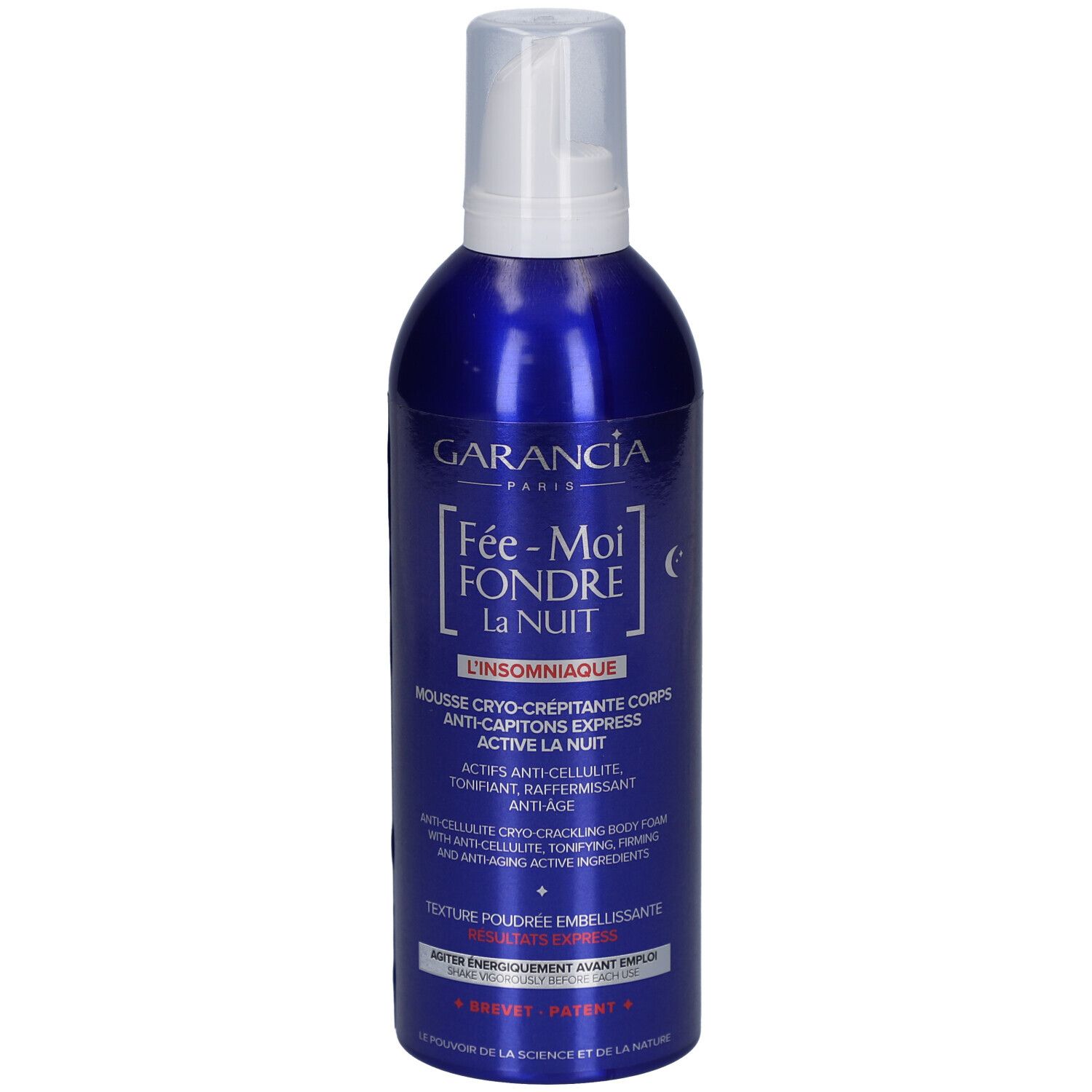 Flacon bleu avec pompe blanche. Inscription: GARANCIA, Fée-Moi Fondre La Nuit L'Insomniaque. Nom et description du produit.