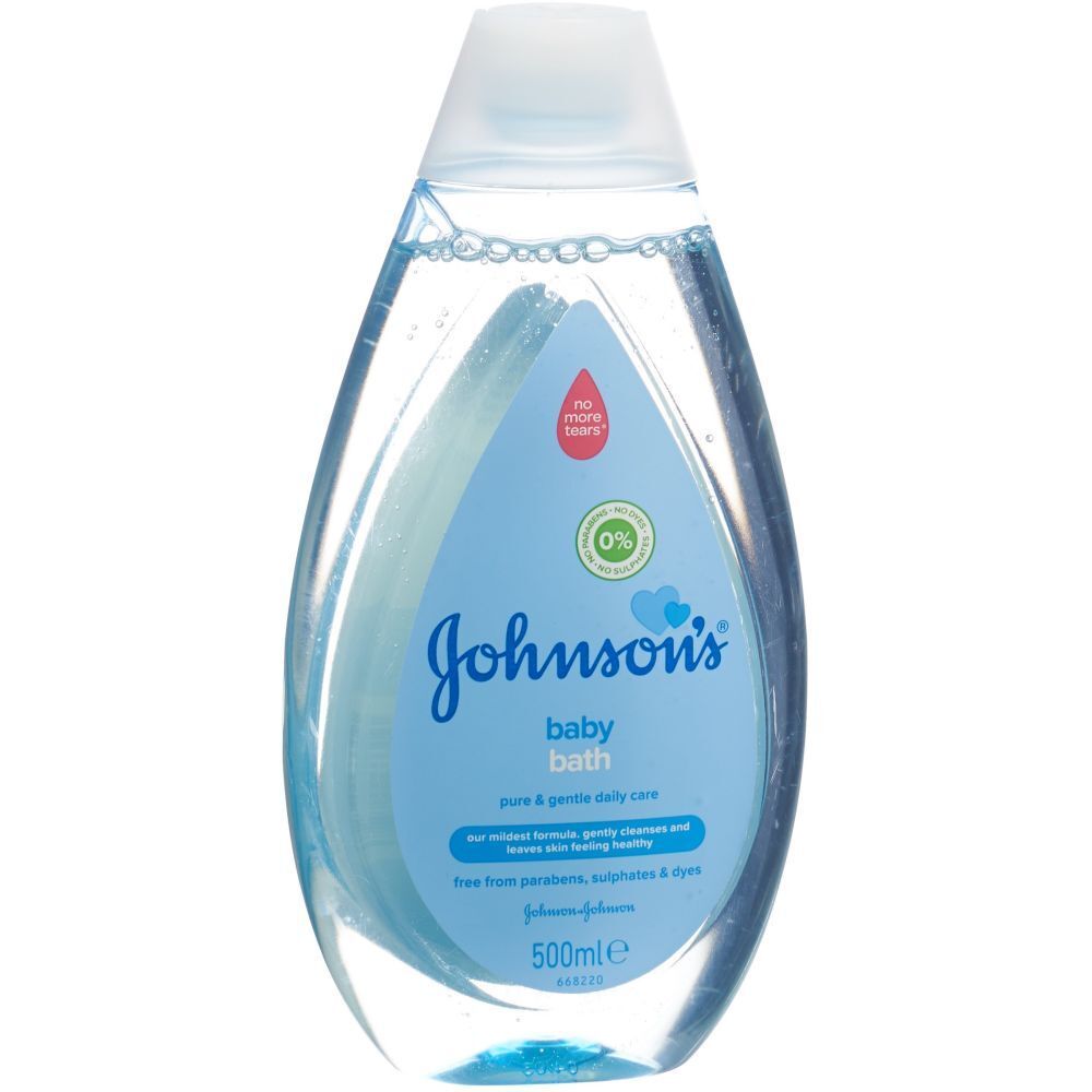 Bain pour bébé en forme de goutte. Étiquette bleu et blanc avec nom et logo. Label 0%. 500ml.