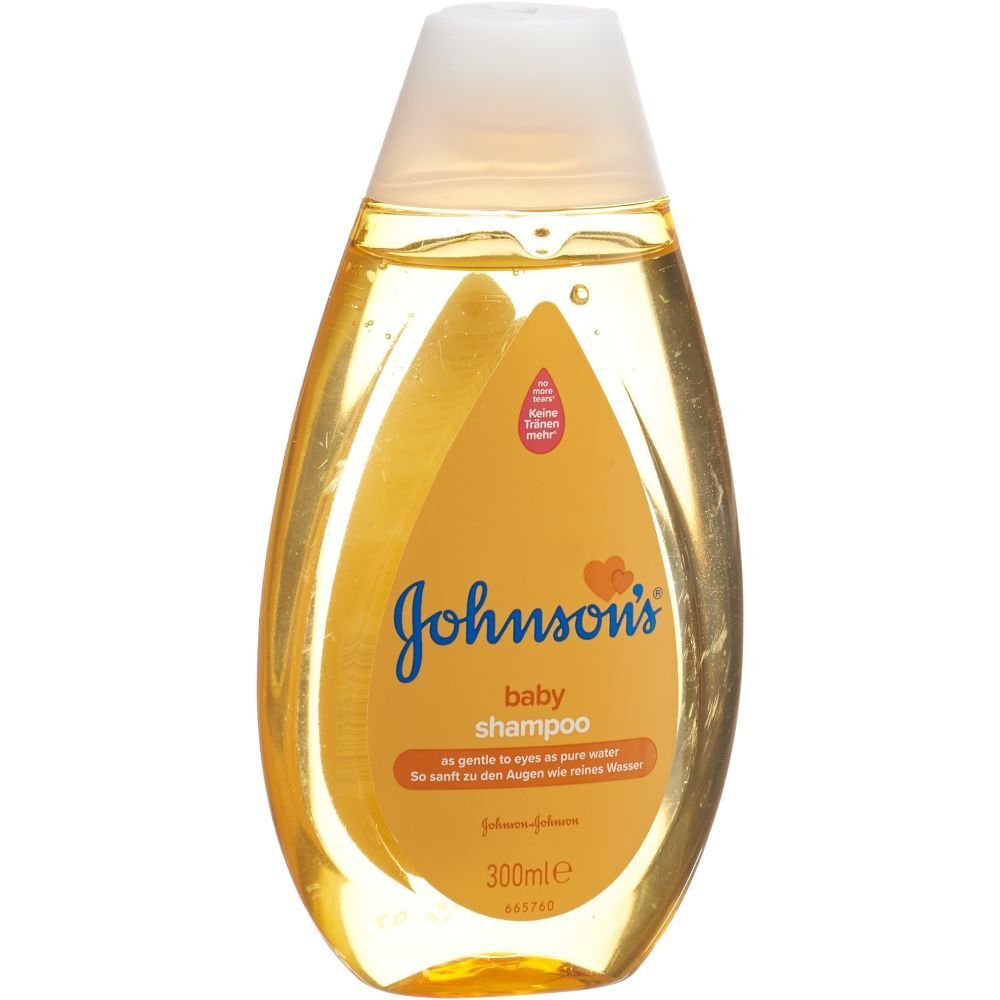 Flacon de shampooing pour bébé. Liquide jaune, bouchon blanc. Inscription : Johnson's baby shampoo. 300ml.