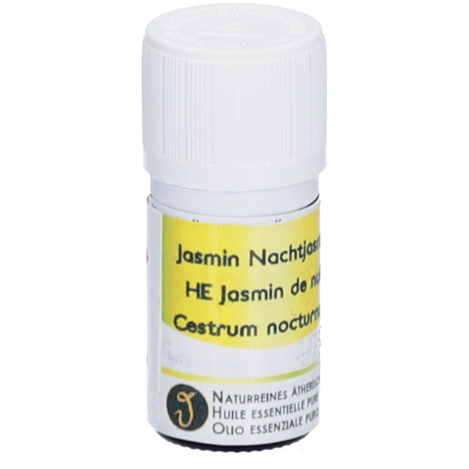 Petite bouteille en verre avec bouchon blanc. Étiquette jaune avec texte: Jasmin Nachtjasmin, HE Jasmin de nuit, Cestrum nocturnum. Logo.