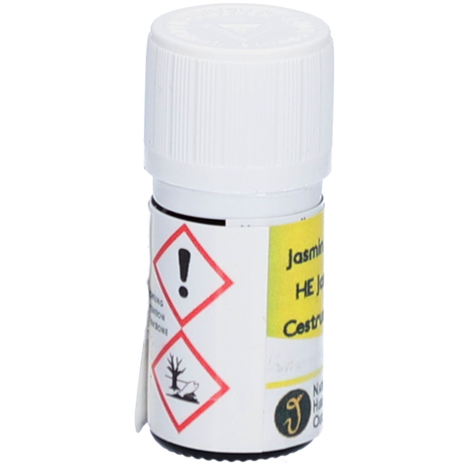 Petite bouteille en verre avec bouchon blanc. Étiquette jaune. Symboles d'avertissement: point d'exclamation, arbre/poisson mort. Texte: Jasmin Nachtjasmin.