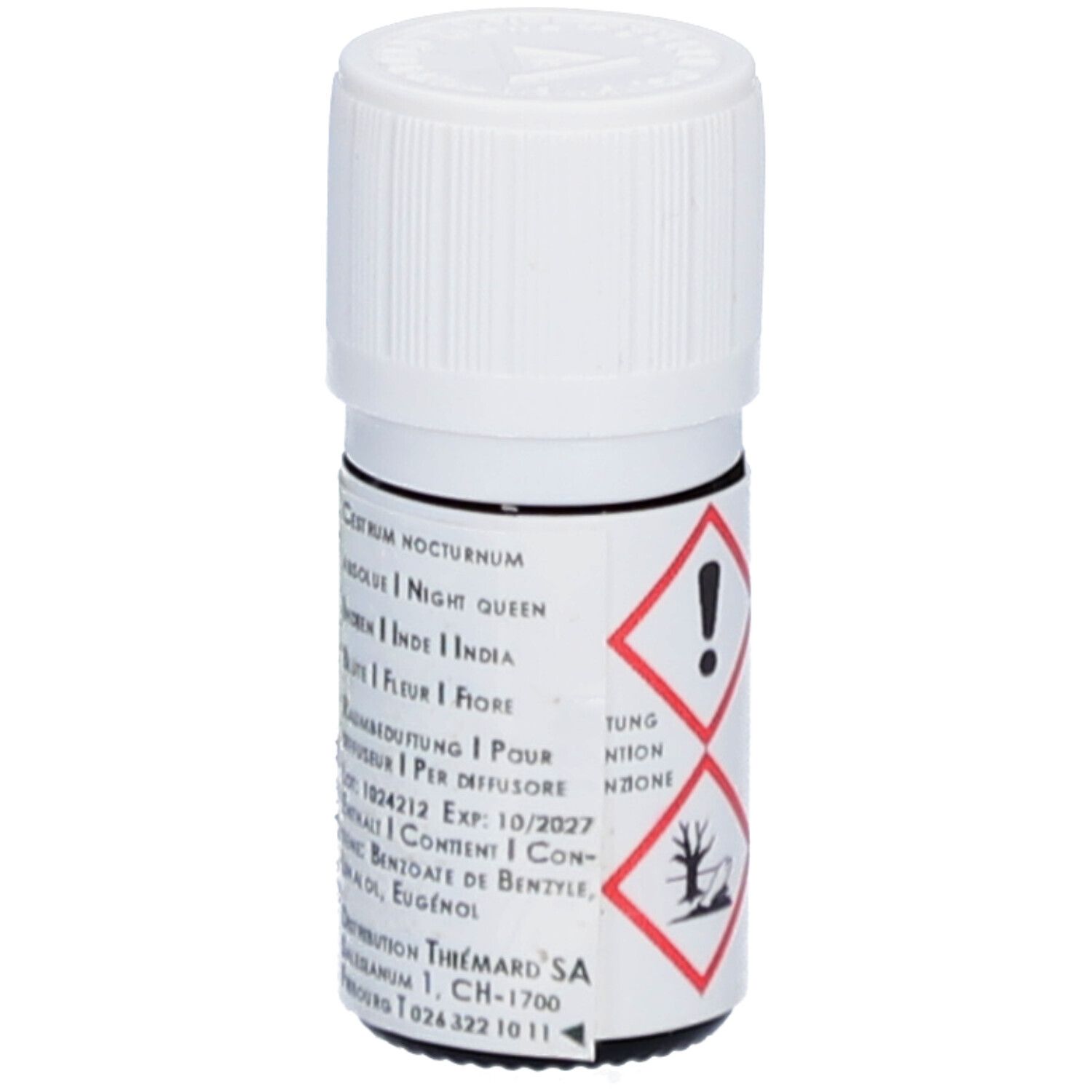 Petite bouteille en verre avec bouchon blanc. Étiquette jaune. Symboles d'avertissement. Texte: Cestrum nocturnum, Night queen, contenu, adresse.