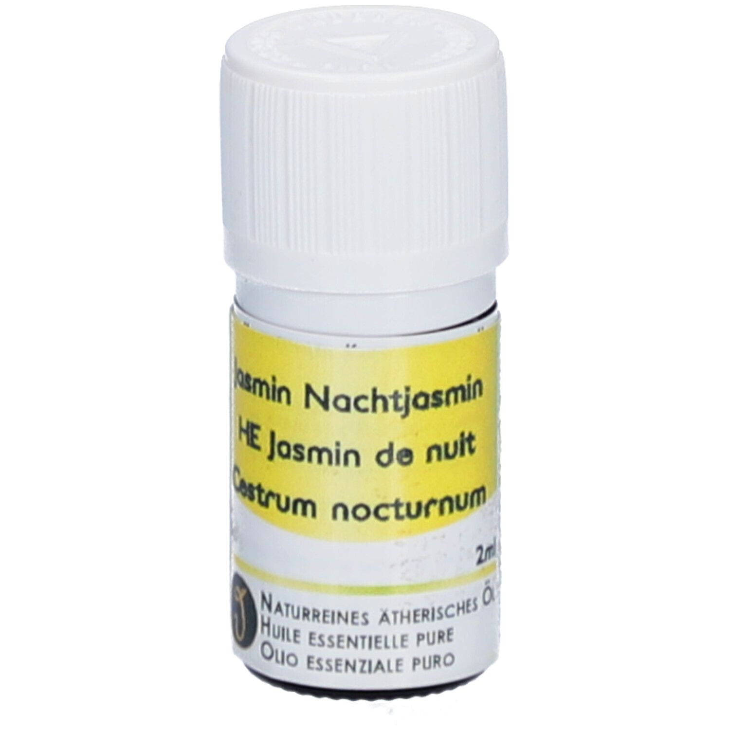 Petite bouteille en verre avec bouchon blanc. Étiquette jaune avec texte: Jasmin Nachtjasmin, HE Jasmin de nuit, Cestrum nocturnum. 2ml.