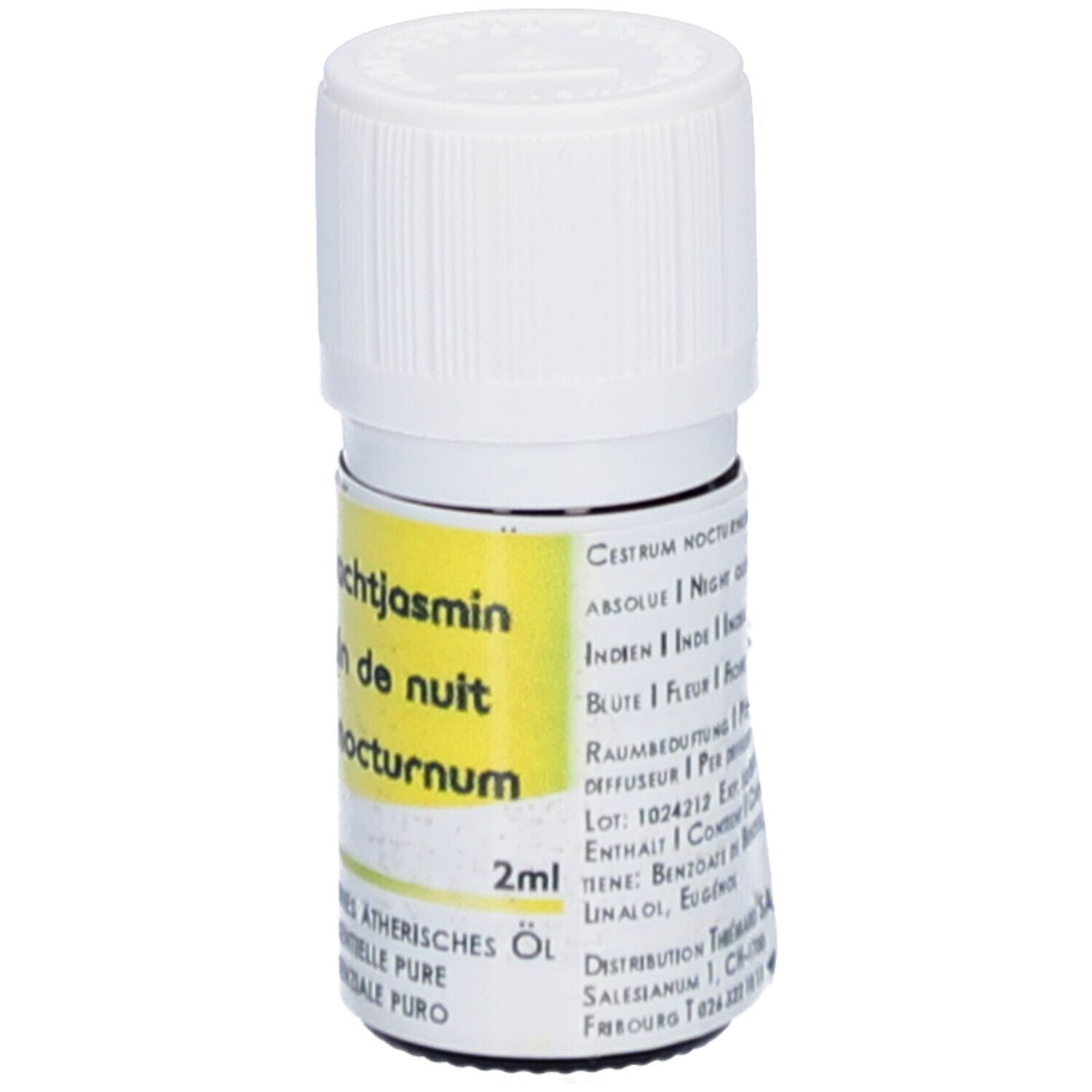 Petite bouteille en verre avec bouchon blanc. Étiquette jaune. Texte: Jasmin Nachtjasmin, HE Jasmin de nuit, Cestrum nocturnum. 2ml. Adresse.