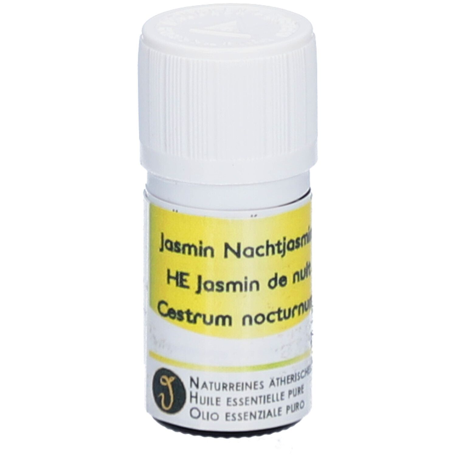 Petite bouteille en verre avec bouchon blanc. Étiquette jaune avec texte: Jasmin Nachtjasmin, HE Jasmin de nuit, Cestrum nocturnum. Logo.