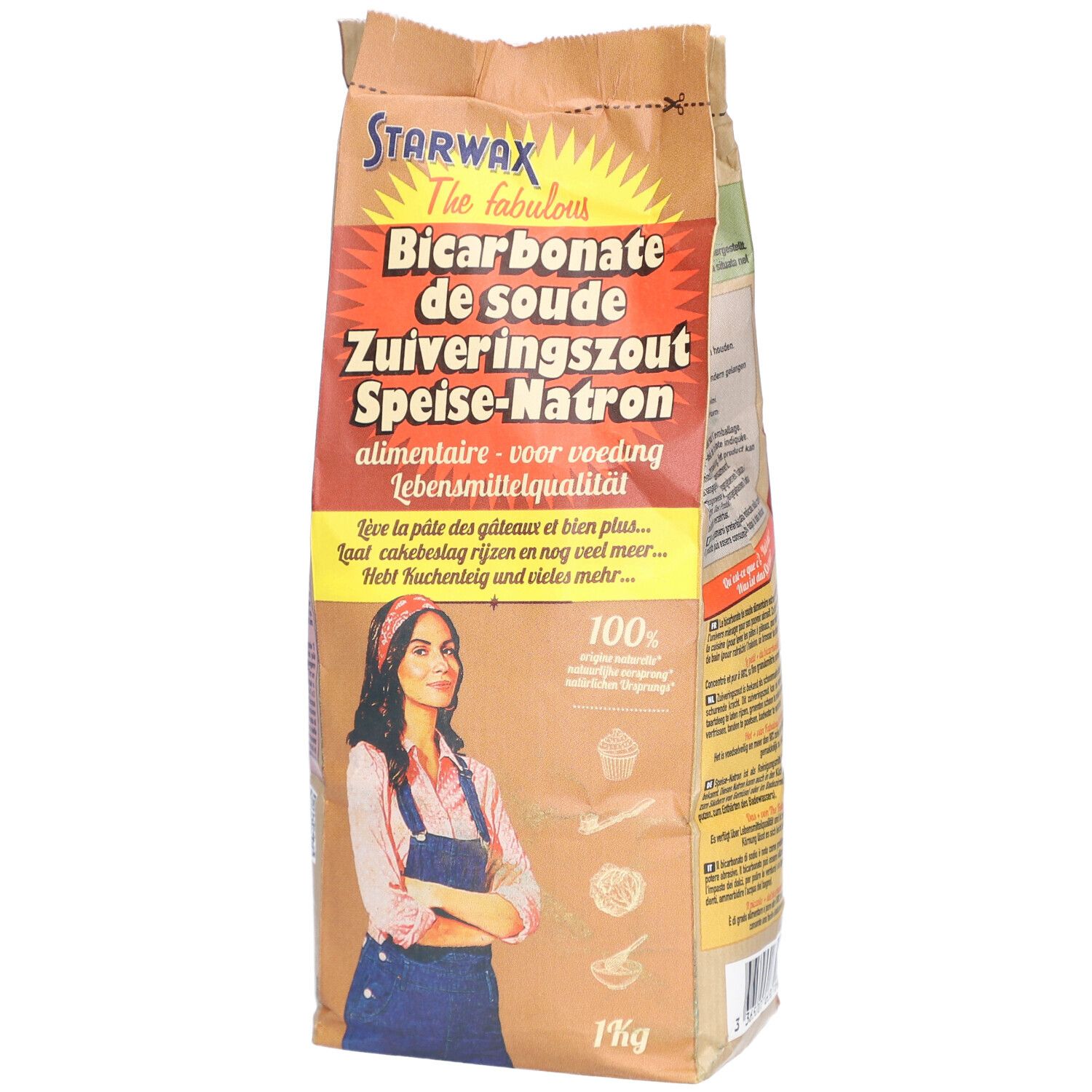 Paquet de bicarbonate de soude. Inscription: Bicarbonate de soude, Speise-Natron. Femme avec foulard. 1 kg.