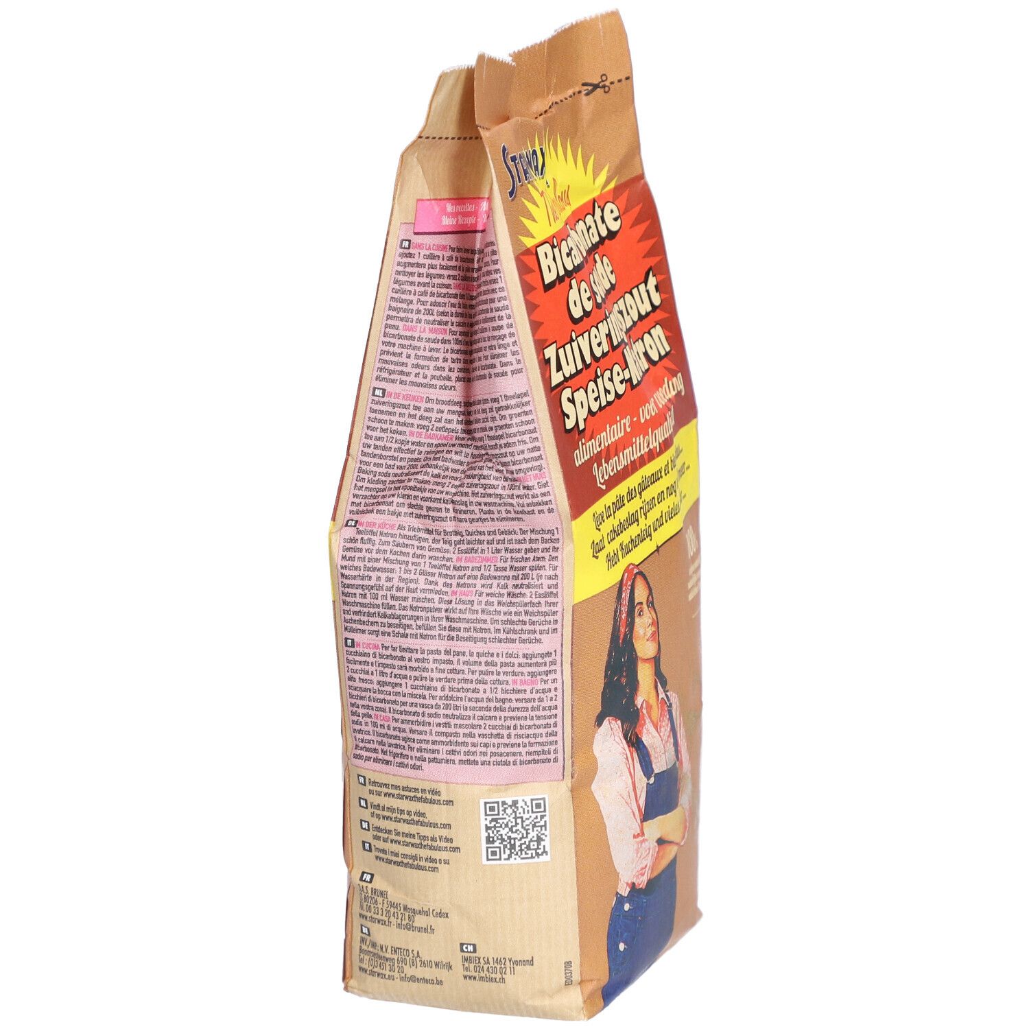 Dos du paquet de bicarbonate de soude. Texte multilingue. Code QR et informations.