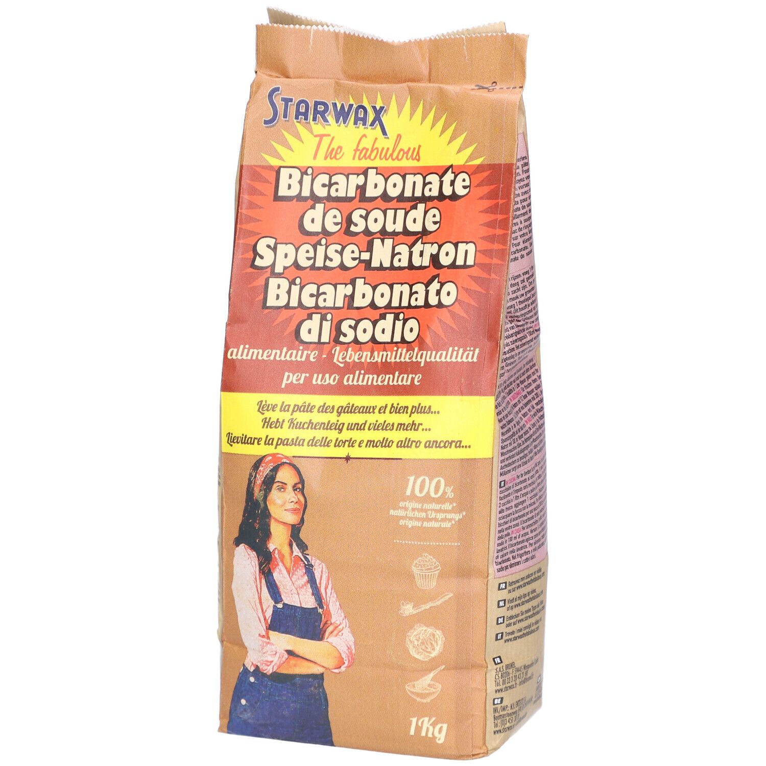 Paquet de bicarbonate de soude. Inscription: Bicarbonato di sodio, Speise-Natron. Femme avec foulard. 1 kg.