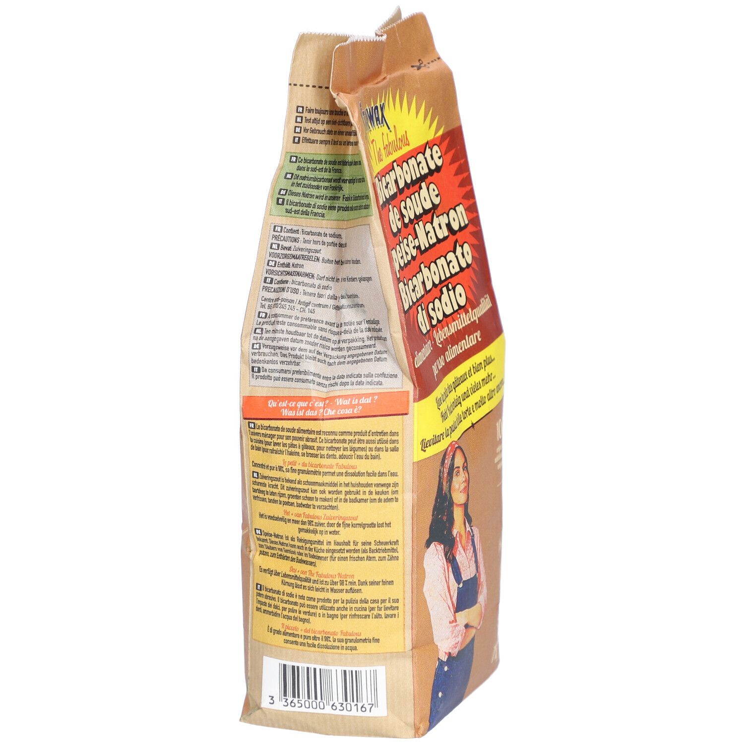 Dos du paquet de bicarbonate de soude. Texte multilingue. Code QR et informations.