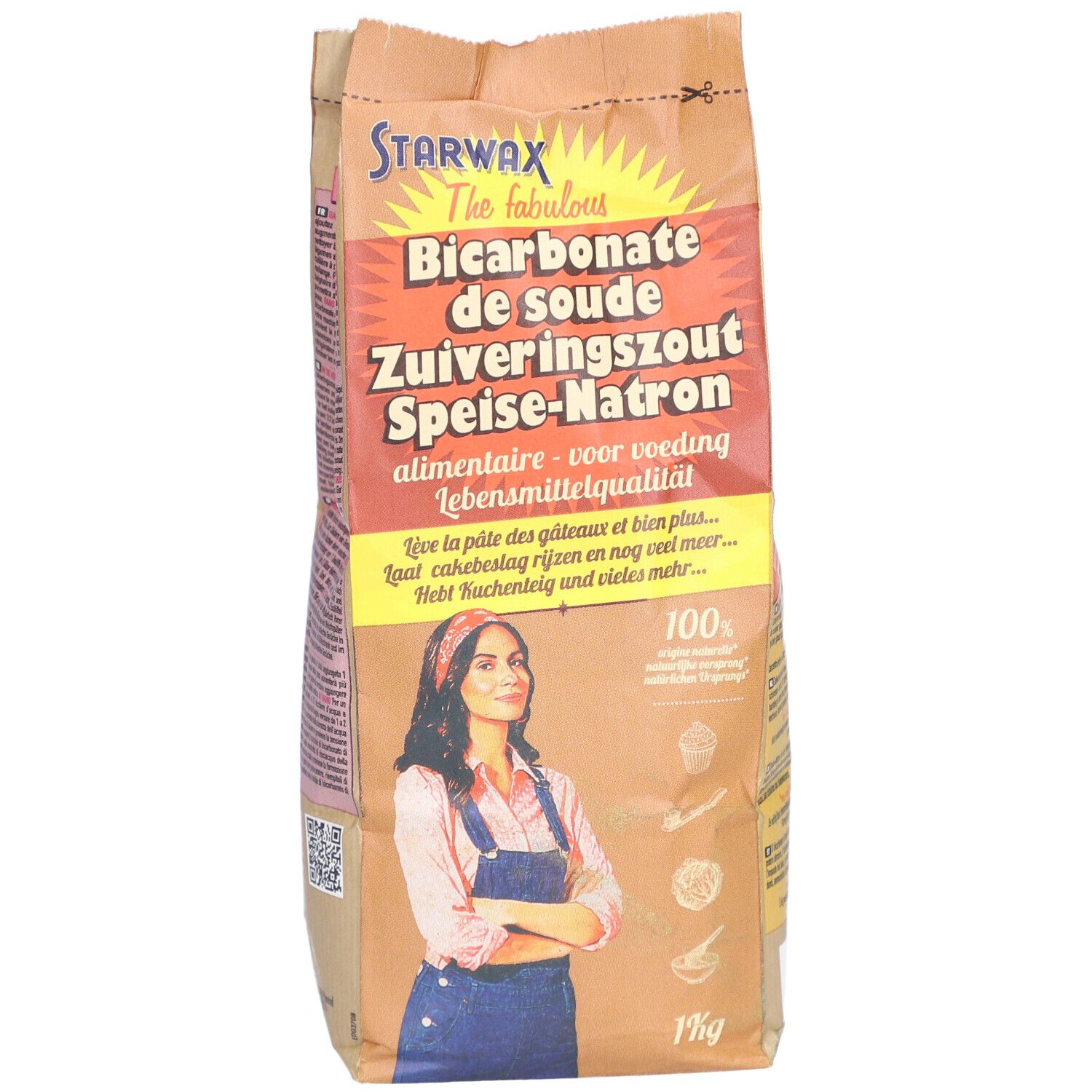 Paquet de bicarbonate de soude. Inscription: Bicarbonate de soude, Speise-Natron. Femme avec foulard. 1 kg.