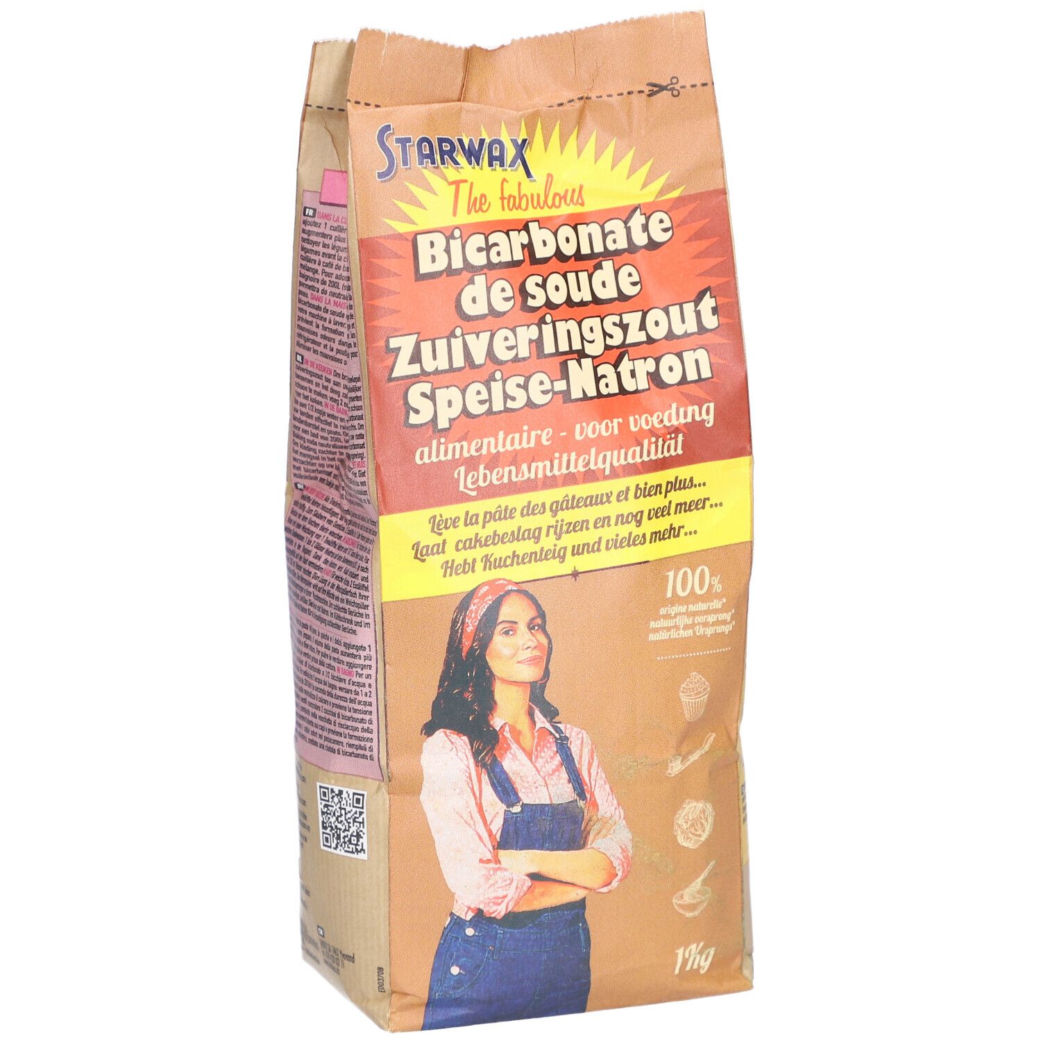 Paquet de bicarbonate de soude. Inscription: Bicarbonate de soude, Speise-Natron. Femme avec foulard. 1 kg.