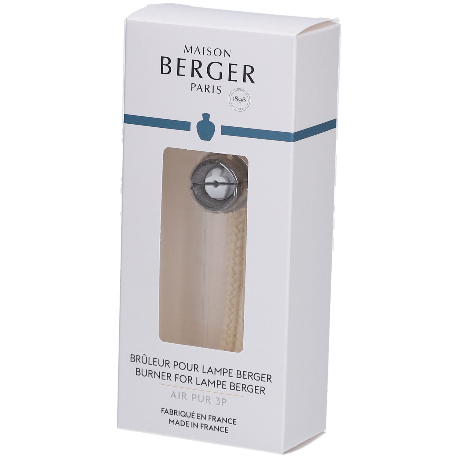 Boîte avec brûleur de rechange. Fenêtre visible sur le produit. Texte: Maison Berger Paris, Air Pur 3P, Fabriqué en France.