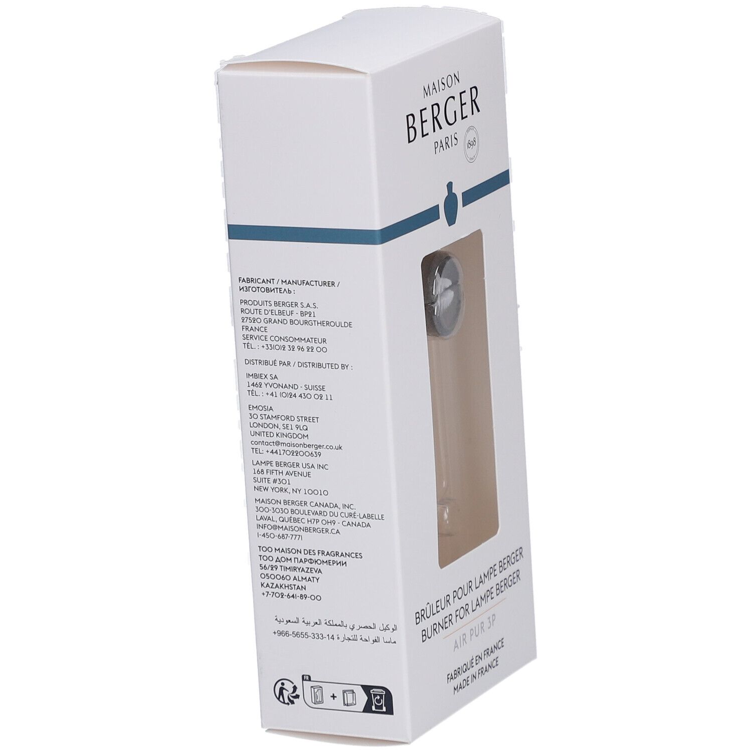 Boîte en biais. Texte: Maison Berger Paris, adresse fabricant, Brûleur pour Lampe Berger, Air Pur 3P, Fabriqué en France.