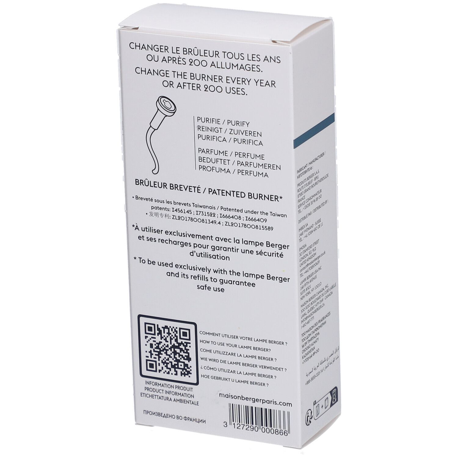 Dos de la boîte. Texte: Changer le brûleur tous les ans. Code QR. Maisonbergerparis.com. Fabriqué en France.