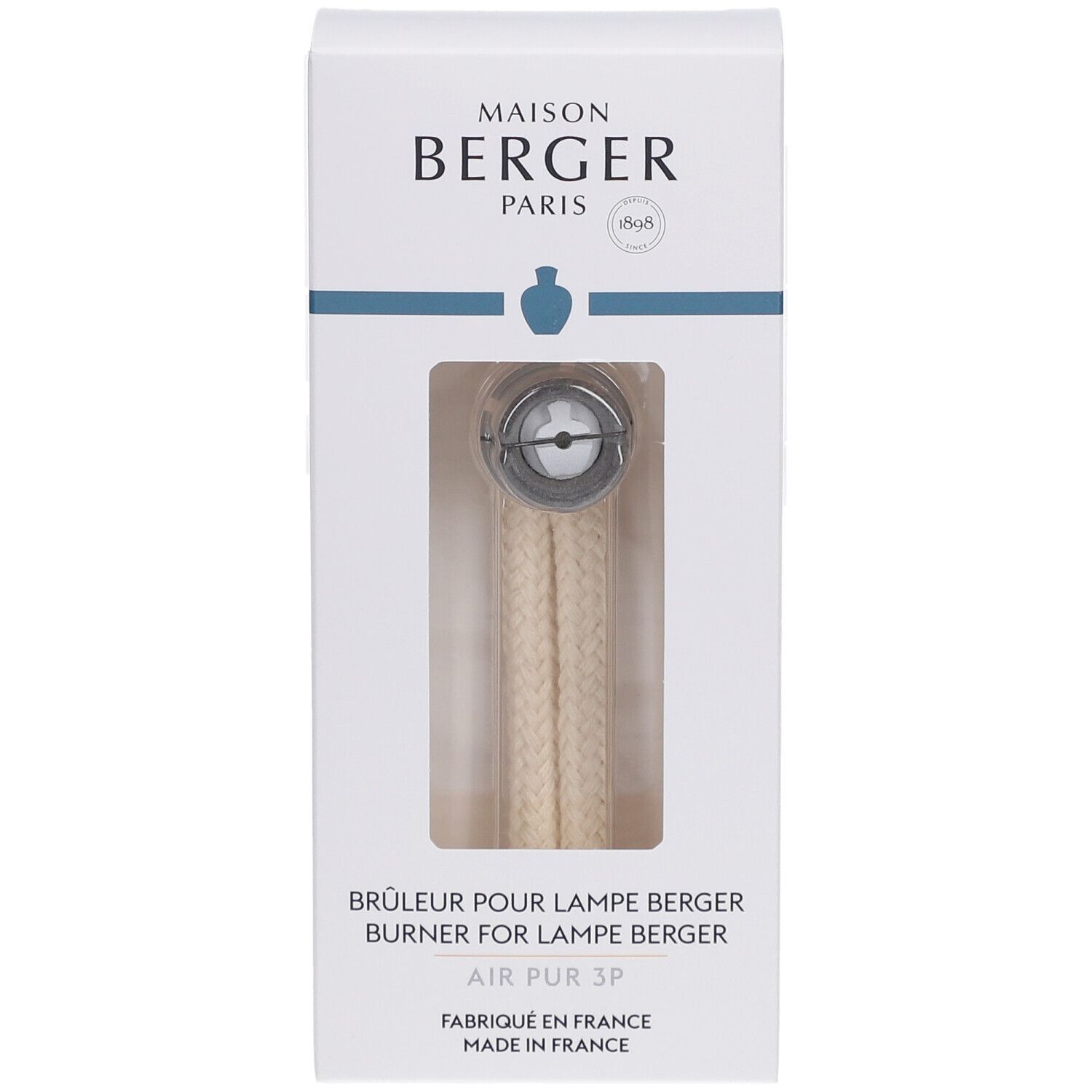 Boîte avec brûleur de rechange. Fenêtre visible sur le produit. Texte: Maison Berger Paris, Air Pur 3P, Fabriqué en France.