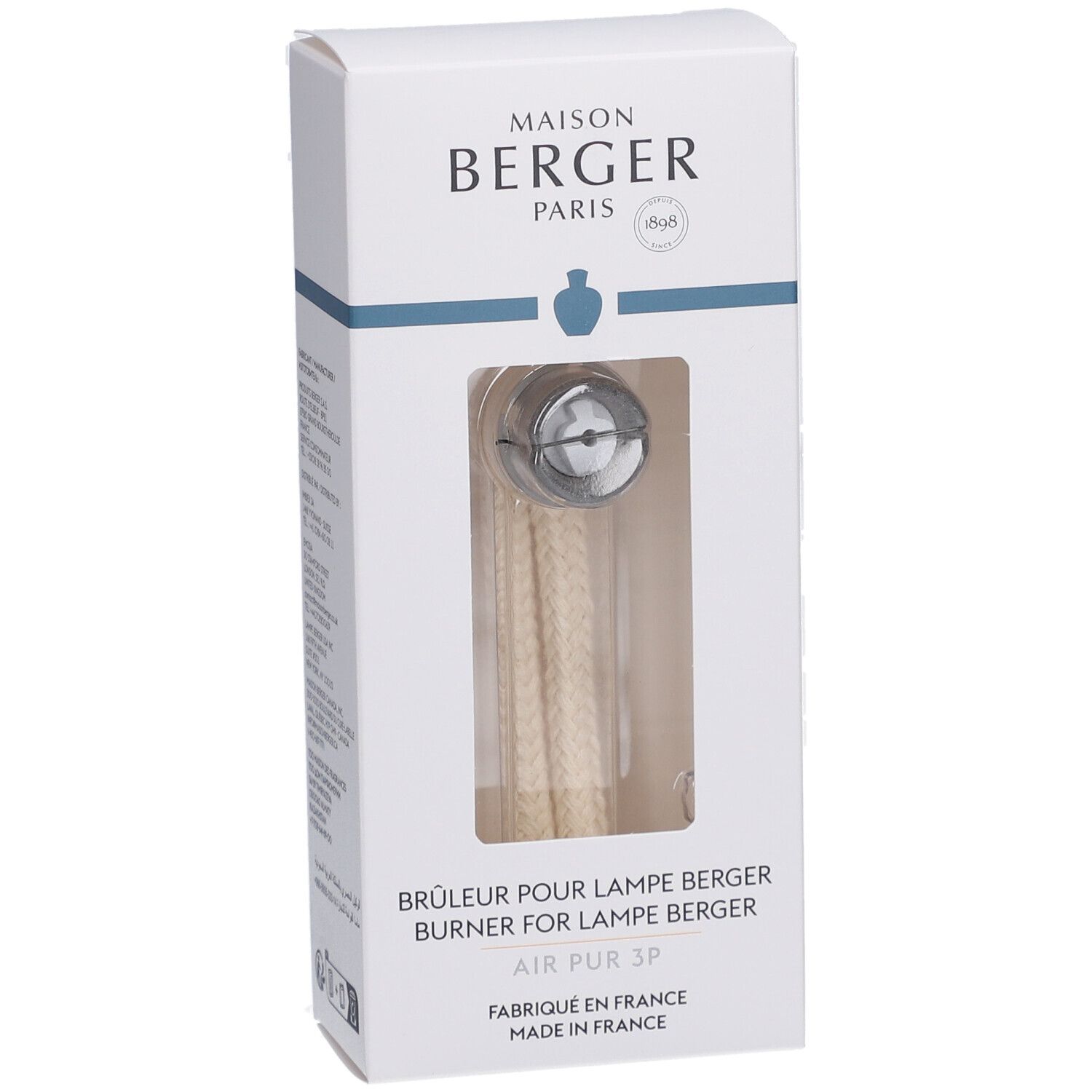 Boîte avec brûleur de rechange. Fenêtre visible sur le produit. Texte: Maison Berger Paris, Air Pur 3P, Fabriqué en France.