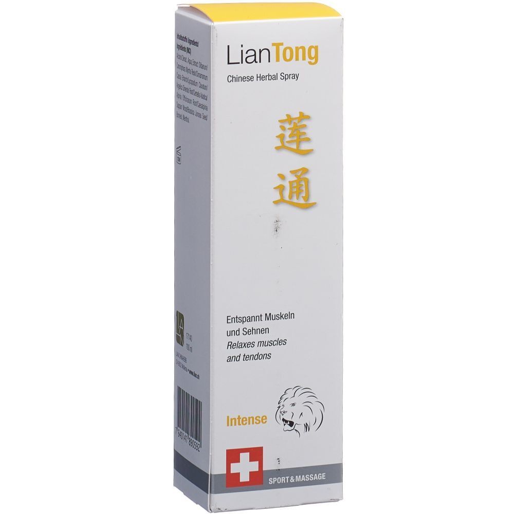Boîte blanche avec accents jaunes. Inscription : LianTong, spray aux herbes chinoises. Avec logo et texte.