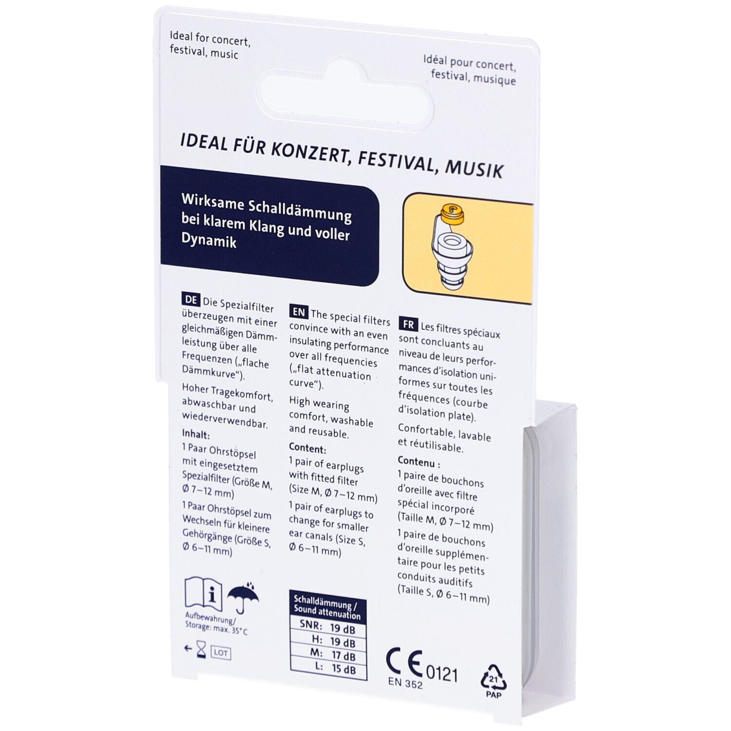 Dos de l'emballage avec informations. Inscription: Idéal pour concert, festival, musique. SNR 19 dB. Marquage CE.