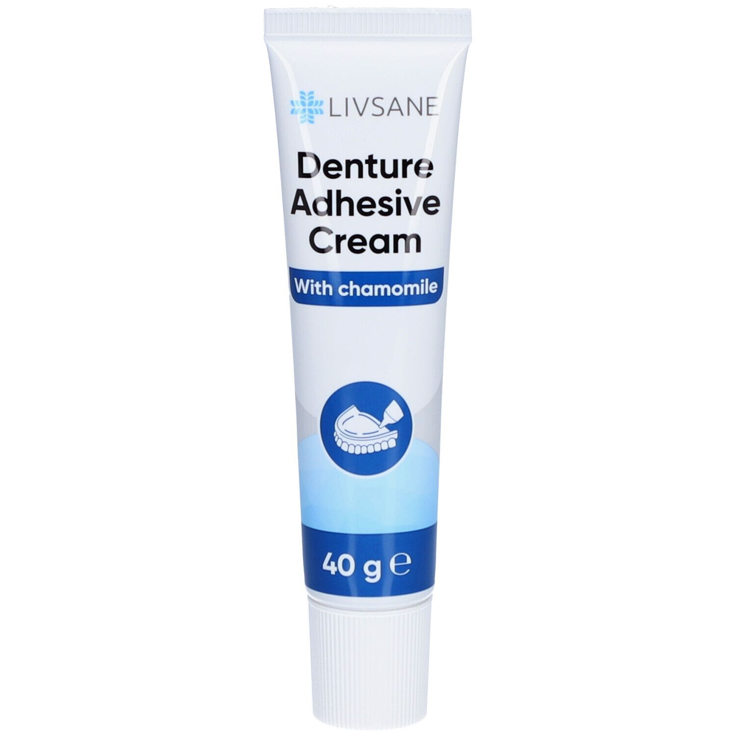Crème adhésive pour prothèses dentaires LIVSANE, 40g, à la camomille.