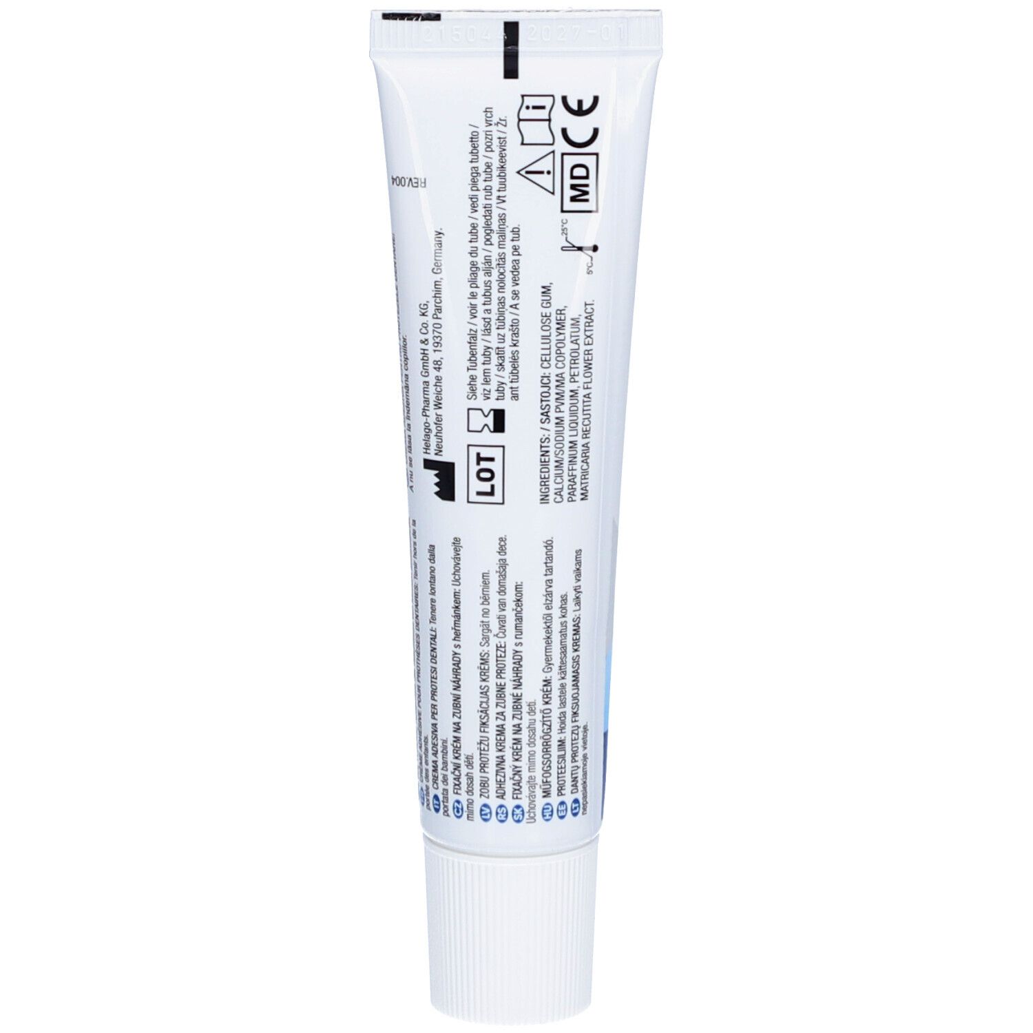Tube blanc avec numéro de lot, marquages CE et MD. Contient les ingrédients et les instructions d'utilisation.