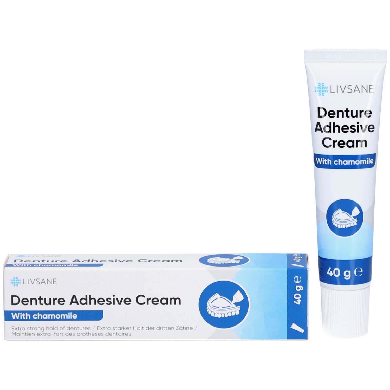 Crème adhésive LIVSANE avec camomille, tube et boîte de 40g.