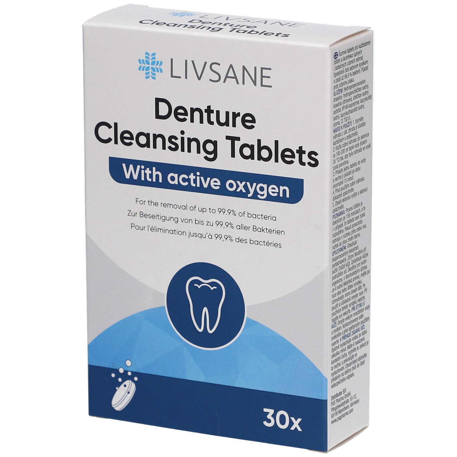Boîte blanche "LIVSANE Denture Cleansing Tablets". Contient 30 comprimés. Avec oxygène actif.