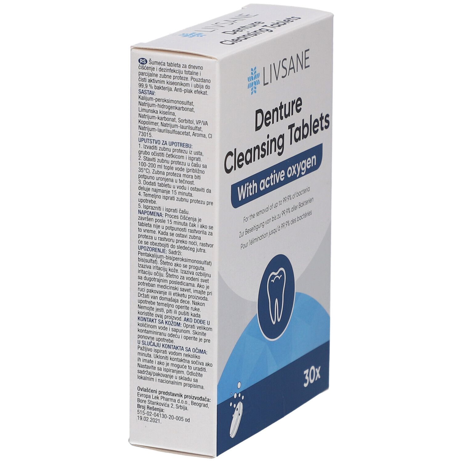 Boîte blanche inclinée "LIVSANE Denture Cleansing Tablets". Texte multilingue. 30 comprimés.